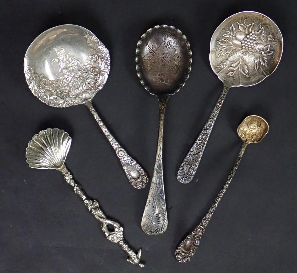 Antique & Vintage Sterling Silver Serving Spoons: Five assorted silver serving spoons. Vaious styles & patterns: shell, figural, floral, fruit. Makers marks include: _x0002_B.B.& B ( Bailey, Banks & Biddle Philadelphia), S. Kirk & Son, Italy, Black, 