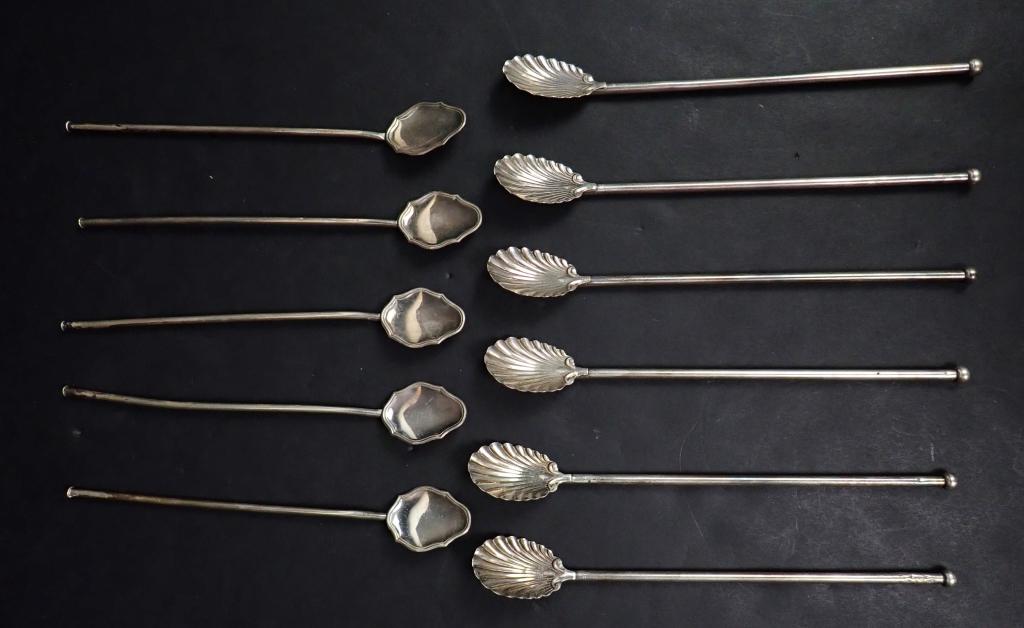 Sterling Silver Iced Tea Straw Spoons: Eleven silver iced tea straws in two patterns. Includes 6 shell form straws each marked sterling. and 5 matching straws with makers marks. Length of shell form straws: 8 1/4"; the other is 7 1/8". Tot
