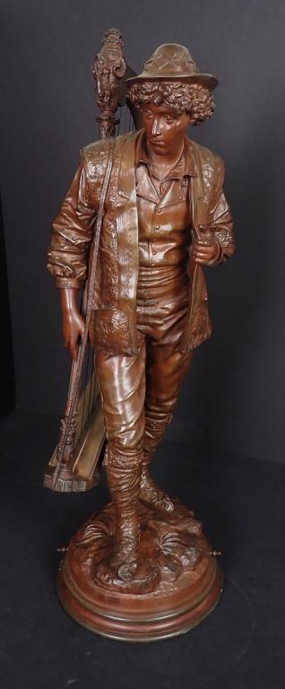 Late 19th C Eutrope Bouret Boy With Harp Bronze: Eutrope Bouret, â€œSans famille”. Traveling young man with harp. Rich brown patinated bronze. Late 19th Century Antique Eutrope Bouret Boy With Harp Bronze Statue. Dimensions9.5"W Ã— 9.5"