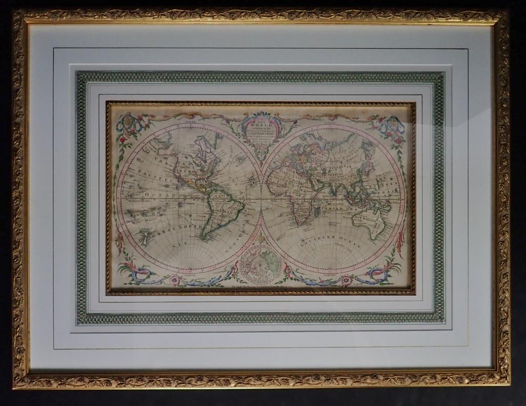 Framed Antique Double Hemisphere Map: Double hemisphere map of the world by Thomas Bowen published in 1780 The World including the late Discoveries, by Captn Cook and other Circum Navigators carefully laid down to the present time Height: