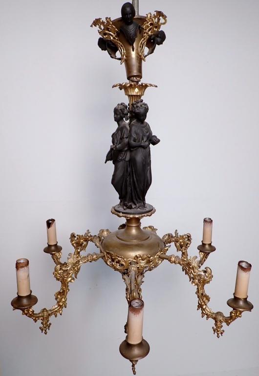 American Rococo Revival Six-Arm Gasolier: American Rococo Revival Six-Arm Gasolier, mid-19th century, in the "Three Graces" pattern, attributed to Cornelius and Baker, Philadelphia, the stem retaining its canopy with a tree of female masks, m