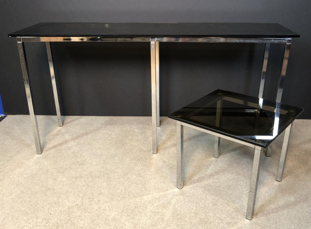Modern Smoked Glass & Chrome Modular Tables: Set of 2 modern tables with chrome square tube legs and smoked glass tops. Includes: Console table with removable legs. Height: 29"; Width: 60"; Depth: 18". Square low side table. Height: 16 1/2"; Wid