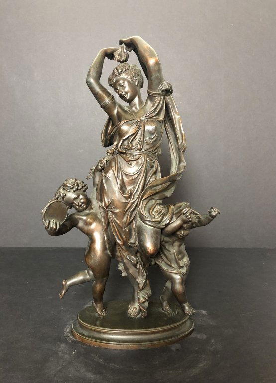 Carrier-belleuse Bronze Sculpture of Woman Dancing: Bronze by Albert Ernest Carrier Belleuse features dancing woman and putties. Group in bronze depicting the Allegory of DanceSigned on base A. Carrier Imperfections include loose skirt piece. Height: 1