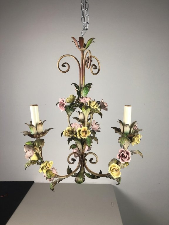 3 Light Tole & Porcelain Chandelier: Painted tole 3-arm chandelier with porcelain flower details. Age. Height: 19 1/2\"; Width: 15\". (lighting, electric, interior design, Vintage, antique)STERLING ASSOCIATES STRIVES TO PROVIDE ACCURATE,