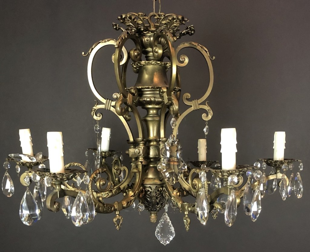 Victorian Bronze Six Arm Gasolier: 6 Light Bronze Gasolier features hanging crystal details. Height: 23\"; Diameter: 33\". Imperfections include missing crystals. (Lighting, Interior design, Rococo, Renaissance Revival) STERLING ASSOCI