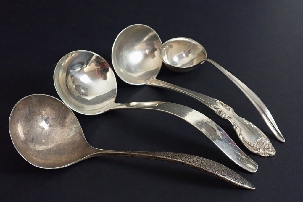 Five Assorted Sterling Silver Ladles: Sterling Silver Ladle assortment.Makers marks include: Wallace Sterling (Spanish Lace). Gorham Sterling, Gorham (Melrose) & Allan Adler Handmade Sterling. Various styles & Patterns.Total approximate w