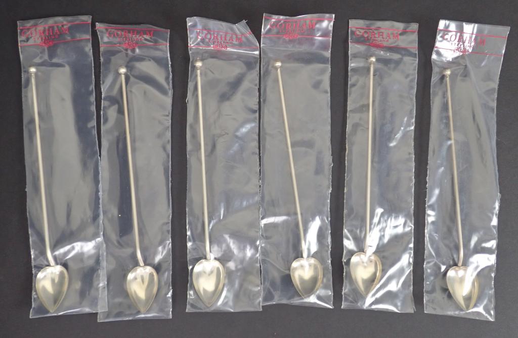 Six Gorham Sterling Silver Iced Tea Spoons: Set of 6 Gorham sterling silver iced tea or mint julep spoons. They are stamped Gorham Sterling and feature a heart shaped spoon with hollow stem for use as a straw. Each is still in its plastic sleev