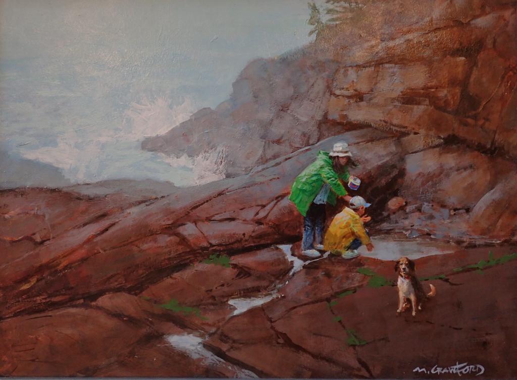 Mel Crawford (USA) Oil Painting "Rainy Day Sunday": Framed oil painting on board features two children and a dog. Signed M Crawford lower right. Titled on back. Height: 14"; Width: 18". Image size: 11 1/2" x 15 1/2". STERLING ASSOCIATES STRIVES TO PROV