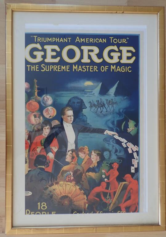 George, Master of Magic Framed Vintage Poster: George, Grover. Triumphant American Tour. George. The Supreme Master of Magic. Cleveland: Otis Litho., ca. 1928. Striking billboard-size poster in bright colors depicts the magician with cards flying