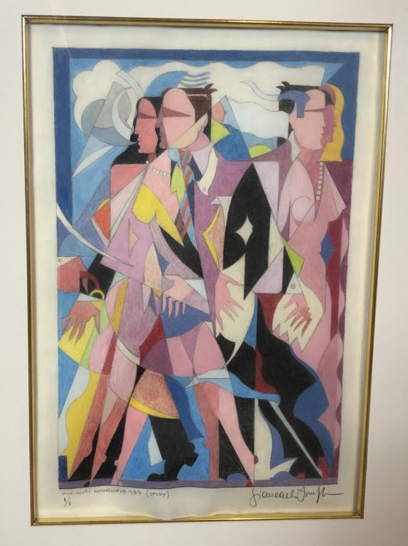 Giancarlo Impiglia, Original Signed Pastel: Signed original artwork by Giancarlo Impiglia. Pastel & Pencil on Vellum, signed lower right, titled on bottom left "Movimenti Simultane" (study). Dated 1989. Numbered 1/3. 10" x 14 1/2". Framed under