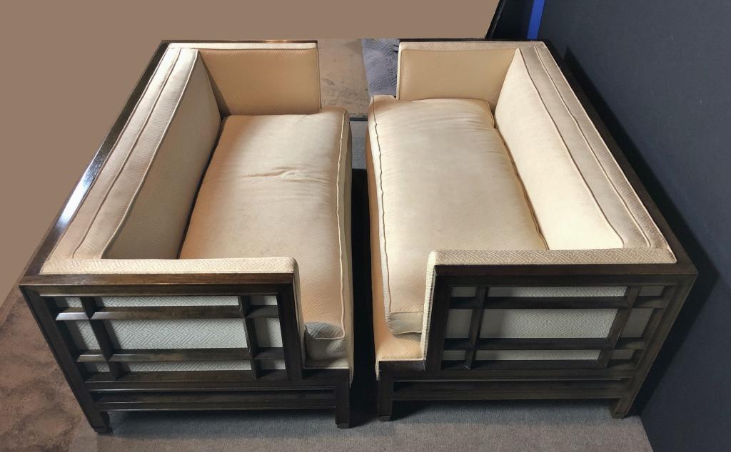 Pair of James Mont Modern Sofas: Midcentury Asian James Mont Couches. wooden frame with open work design in the back and at the sides Height: 26 1/2"; Width: 60 1/4"; Depth: 32". Unmarked (Mid Century Modern, furniture, seating, livi