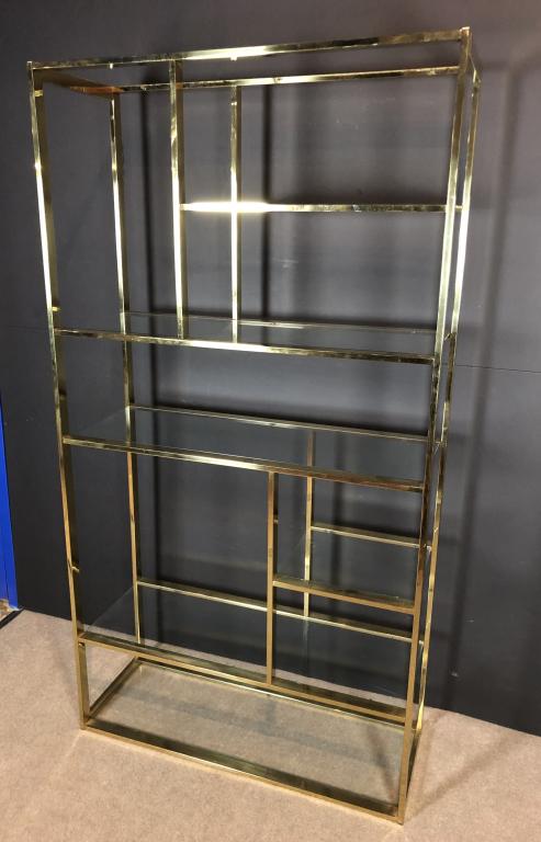 Brass Mid Century Modern Etagere: Vintage modern square rod brass-finish etagere with glass shelves. Height: 79"; Width: 42 1/2"; Depth: 16". (wall unit, furniture, storage, display, shelving) STERLING ASSOCIATES STRIVES TO PROVIDE AC