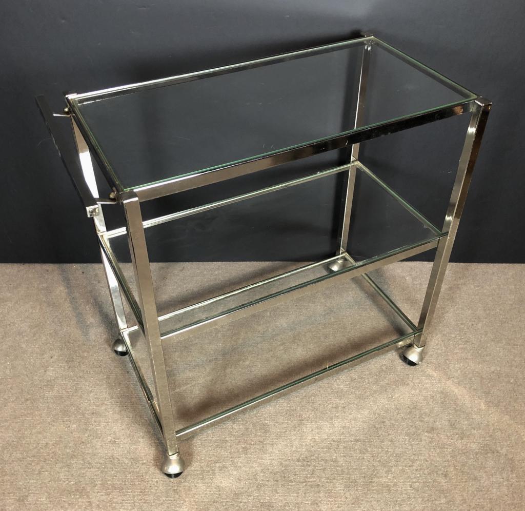 Mid Century Chrome & Glass Three Tier Rolling Cart: Wheeled, square chrome rod three shelf cart. Height: 30 3/4"; Width: 33"; Depth: 17 1/2". Glass top: 30". (Bar Serving Cart, Tea Service, Furniture, Vintage, Modern) STERLING ASSOCIATES STRIVES TO PRO
