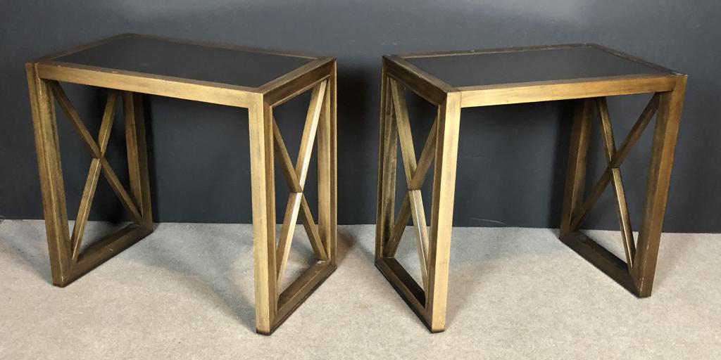 Pair of Two James Mont Side Tables: Two JAMES MONT rectangular end tables, each with smoked mirror top glass shelf and cross-gate side panels. Unmarked. Cerused, distressed, weathered wood finish. Height: 24 3/4"; Width: 26"; Depth: 16"