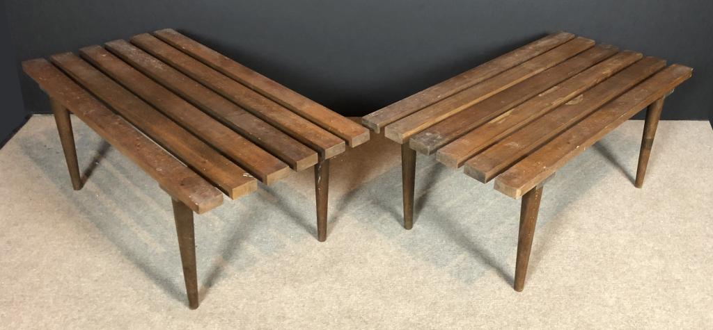 Pair Mid-Century Modern Slat Benches / Side Tables: Set of Two Vintage Mid Century Danish modern slat benches / side tables / small coffee tables. George Nelson Style. Tapered legs and capped feet. Unmarked. Each Height: 14", Width: 35 3/4", Depth: 17"