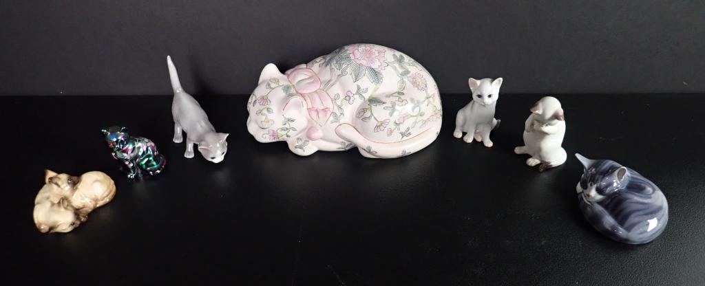 Collectible Cat & Kitten Assortment: Seven decorative porcelain cats & kittens. Includes: Large Hand Painted porcelain cat has Asian stamp on bottom; Height: 5 3/4"; Width: 12 1/4"; Depth: 7", Royal Copenhagen Porcelain Figurine Grey Cat