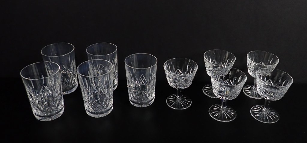Waterford Lismore Glasses & Stemware, 10 Pcs: Ten Waterford Lismore drinking glasses. Includes: 5 Flat Tumblers in the Lismore pattern. Height: 4 1/2 in. 5 Liquor Cocktail glasses in the Lismore pattern. Height: 4 1/8 in. Makers marks on some bot