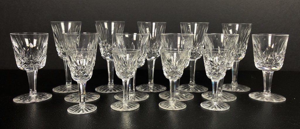 Waterford Crystal Lismore 3 Sizes, 15 pcs.: 15 Waterford Glasses in the Lismore pattern. 3 sizes.Includes: 5 Sherry Glasses, Height: 5 1/8 in. , 6 Port Wine, Height: 4 1/4 in. , 4 Small Liqueur Cocktail / Cordials, Height: 3 1/2 in. Makers mark