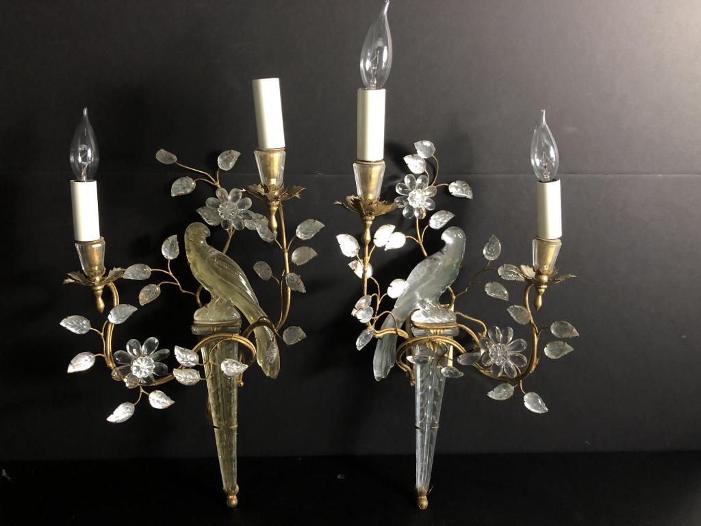 Pair French Maison Bagues Crystal Parrot Sconces: French Maison Bagues Crystal Parrot Sconces vintage two-arm wall sconces . light fixtures feature etched-glass birds, flowers, and delicate leaves growing from antique gold & silver metal frames. Heig