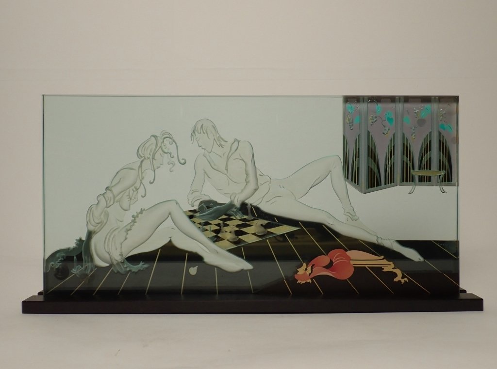 Wendy Saxon Brown 1980's Etched Art Glass Panel: Etched and painted art glass panel depicting a man and a woman playing chess. Signed "Saxon" on bottom right corner for Wendy Saxon Brown (20th Century).Dimensions: 13.5" H x 27.5" W x 4" D. (studio g