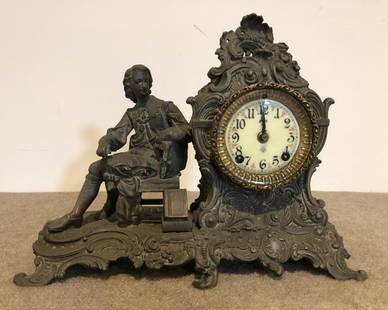 Ansonia Spelter Mantel Clock: American Ansonia clock. Victorian painted metal. ESTATE OF PHILIP GRECO JR. STERLING ASSOCIATES STRIVES TO PROVIDE ACCURATE, OBJECTIVE, & FAIR INFORMATION ON ALL LOTS. WE WILL BE HAPPY TO ANSWER ANY