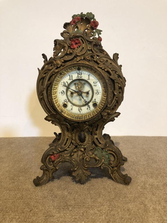 Ansonia Rococo Shelf Clock: Ansonia Rococo shelf clock. Victorian painted metal. ESTATE OF PHILIP GRECO JR. STERLING ASSOCIATES STRIVES TO PROVIDE ACCURATE, OBJECTIVE, & FAIR INFORMATION ON ALL LOTS. WE WILL BE HAPPY TO ANSWER A