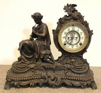Ansonia Spelter Mantel Clock: Ansonia mantel clock. Victorian. Painted metal. ESTATE OF PHILIP GRECO JR. STERLING ASSOCIATES STRIVES TO PROVIDE ACCURATE, OBJECTIVE, & FAIR INFORMATION ON ALL LOTS. WE WILL BE HAPPY TO ANSWER ANY