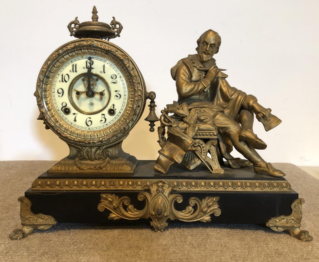 Ansonia Mantel Clock: Ansonia mantel clock. Victorian painted metal. ESTATE OF PHILIP GRECO JR. STERLING ASSOCIATES STRIVES TO PROVIDE ACCURATE, OBJECTIVE, & FAIR INFORMATION ON ALL LOTS. WE WILL BE HAPPY TO ANSWER ANY QUE