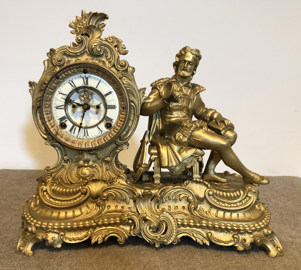 Ansonia Mantel Clock: Ansonia mantel clock. Victorian painted metal. ESTATE OF PHILIP GRECO JR. STERLING ASSOCIATES STRIVES TO PROVIDE ACCURATE, OBJECTIVE, & FAIR INFORMATION ON ALL LOTS. WE WILL BE HAPPY TO ANSWER ANY QUE