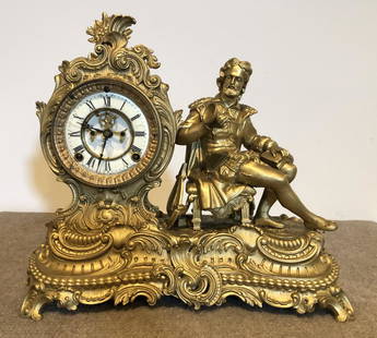 Ansonia Mantel Clock: Ansonia mantel clock. Victorian painted metal. ESTATE OF PHILIP GRECO JR. STERLING ASSOCIATES STRIVES TO PROVIDE ACCURATE, OBJECTIVE, & FAIR INFORMATION ON ALL LOTS. WE WILL BE HAPPY TO ANSWER ANY