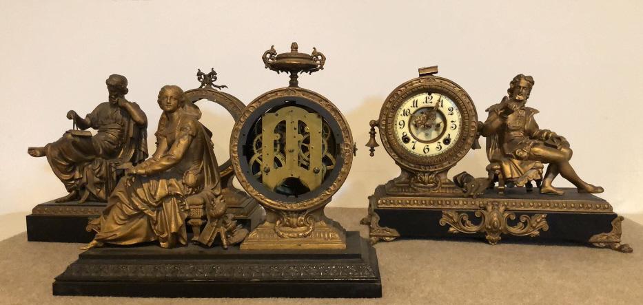 Group of 3 Ansonia Mantel Clocks: Group of 3 Ansonia mantel clocks. Victorian painted metal. ESTATE OF PHILIP GRECO JR. STERLING ASSOCIATES STRIVES TO PROVIDE ACCURATE, OBJECTIVE, & FAIR INFORMATION ON ALL LOTS. WE WILL BE HAPPY TO AN