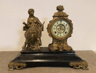 Ansonia Mantel Clock: Ansonia mantel clock.Victorian painted metal.ESTATE OF PHILIP GRECO JR. STERLING ASSOCIATES STRIVES TO PROVIDE ACCURATE, OBJECTIVE, & FAIR INFORMATION ON ALL LOTS. WE WILL BE HAPPY TO ANSWER ANY