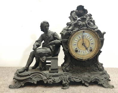 Ansonia Mantel Clock: Ansonia mantel clock.Victorian painted metal. ESTATE OF PHILIP GRECO JR. STERLING ASSOCIATES STRIVES TO PROVIDE ACCURATE, OBJECTIVE, & FAIR INFORMATION ON ALL LOTS. WE WILL BE HAPPY TO ANSWER ANY