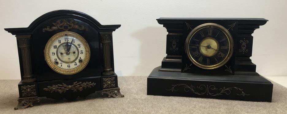 Ansonia and New Haven Lot of 2 Mantel Clocks: Ansonia and New Haven. Group of two mantel clocks.Victorian painted metal. ESTATE OF PHILIP GRECO JR. STERLING ASSOCIATES STRIVES TO PROVIDE ACCURATE, OBJECTIVE, & FAIR INFORMATION ON ALL LOTS. WE WIL