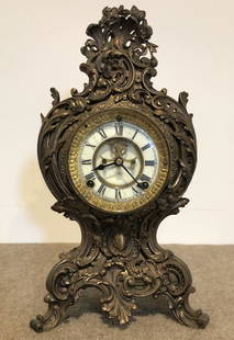 Ansonia Rococo Shelf Clock: Ansonia Rococo shelf clock.Victorian painted metal. ESTATE OF PHILIP GRECO JR. STERLING ASSOCIATES STRIVES TO PROVIDE ACCURATE, OBJECTIVE, & FAIR INFORMATION ON ALL LOTS. WE WILL BE HAPPY TO ANSWER
