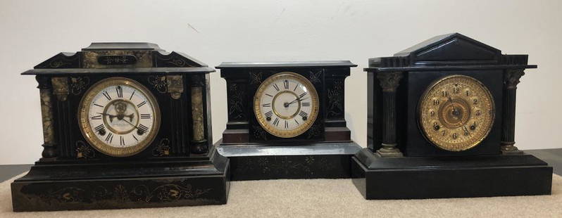 Ansonia Mantel Clocks Lot of 3: Ansonia mantel clocks, lot of three.Victorian painted metal. ESTATE OF PHILIP GRECO JR. STERLING ASSOCIATES STRIVES TO PROVIDE ACCURATE, OBJECTIVE, & FAIR INFORMATION ON ALL LOTS. WE WILL BE HAPPY TO
