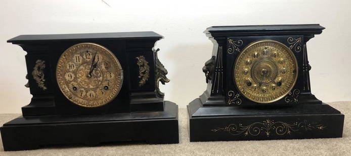Ansonia Mantel Clocks Lot of 2: Ansonia mantel clocks, group of two.Victorian painted metal. ESTATE OF PHILIP GRECO JR. STERLING ASSOCIATES STRIVES TO PROVIDE ACCURATE, OBJECTIVE, & FAIR INFORMATION ON ALL LOTS. WE WILL BE HAPPY TO
