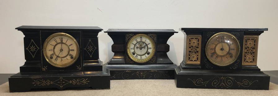 AAnsonia Mantel Clocks Lot of 3: Ansonia mantel clocks, lot of three.Victorian painted metal. ESTATE OF PHILIP GRECO JR. STERLING ASSOCIATES STRIVES TO PROVIDE ACCURATE, OBJECTIVE, & FAIR INFORMATION ON ALL LOTS. WE WILL BE HAPPY TO