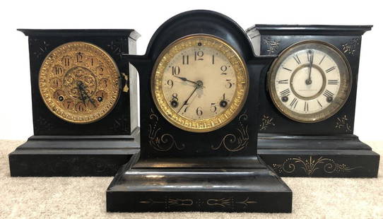 Ansonia Mantel Clocks Lot of 3: Ansonia mantel clocks, group of three.Victorian painted metal. ESTATE OF PHILIP GRECO JR. STERLING ASSOCIATES STRIVES TO PROVIDE ACCURATE, OBJECTIVE, & FAIR INFORMATION ON ALL LOTS. WE WILL BE HAPPY
