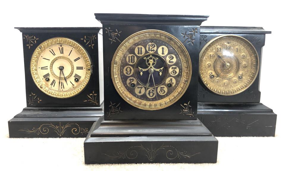 Ansonia Mantel Clocks Lot of 3: Ansonia mantel clocks, group of three.Victorian painted metal. ESTATE OF PHILIP GRECO JR. STERLING ASSOCIATES STRIVES TO PROVIDE ACCURATE, OBJECTIVE, & FAIR INFORMATION ON ALL LOTS. WE WILL BE HAPPY T