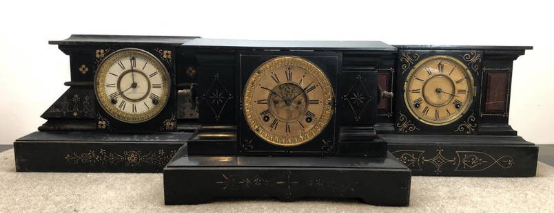 Ansonia Mantel Clocks Lot of 3: Ansonia mantel clocks, group of three.Victorian painted metal. ESTATE OF PHILIP GRECO JR. STERLING ASSOCIATES STRIVES TO PROVIDE ACCURATE, OBJECTIVE, & FAIR INFORMATION ON ALL LOTS. WE WILL BE HAPPY
