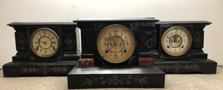 Ansonia Mantel Clocks Lot of 3: Ansonia mantel clocks, group of three.Vioctorian painted metal. ESTATE OF PHILIP GRECO JR. STERLING ASSOCIATES STRIVES TO PROVIDE ACCURATE, OBJECTIVE, & FAIR INFORMATION ON ALL LOTS. WE WILL BE HAPPY