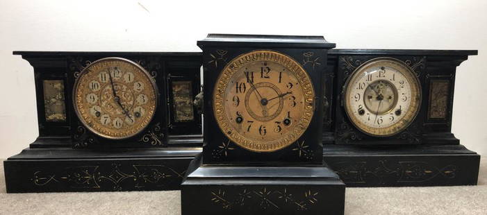 Ansonia Mantel Clocks Lot of 3: Ansonia mantel clocks, group of three.Victorian painted metal. ESTATE OF PHILIP GRECO JR. STERLING ASSOCIATES STRIVES TO PROVIDE ACCURATE, OBJECTIVE, & FAIR INFORMATION ON ALL LOTS. WE WILL BE HAPPY
