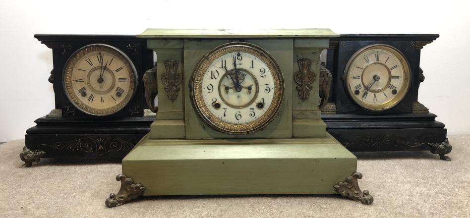 Ansonia Mantel Clocks Lot of 3: Ansonia mantel clocks, group of three.Victorian painted metal. ESTATE OF PHILIP GRECO JR. STERLING ASSOCIATES STRIVES TO PROVIDE ACCURATE, OBJECTIVE, & FAIR INFORMATION ON ALL LOTS. WE WILL BE HAPPY T