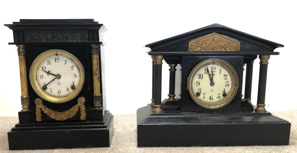 Ansonia Mantel Clocks Lot of 2: Ansonia mantel clocks, group of two.Victorian painted metal. ESTATE OF PHILIP GRECO JR. STERLING ASSOCIATES STRIVES TO PROVIDE ACCURATE, OBJECTIVE, & FAIR INFORMATION ON ALL LOTS. WE WILL BE HAPPY TO 