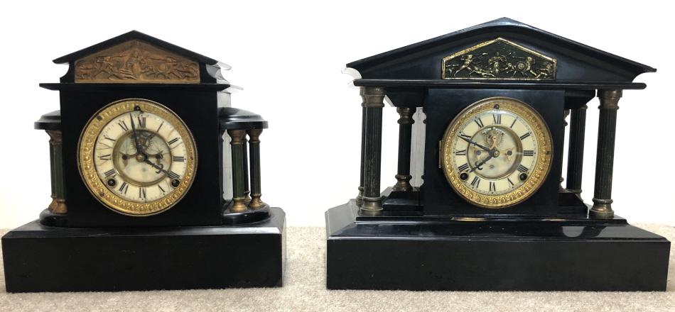 Ansonia Mantel Clocks Lot of 2: Ansonia mantel clocks, group of two.Victorian painted metal. ESTATE OF PHILIP GRECO JR. STERLING ASSOCIATES STRIVES TO PROVIDE ACCURATE, OBJECTIVE, & FAIR INFORMATION ON ALL LOTS. WE WILL BE HAPPY TO 