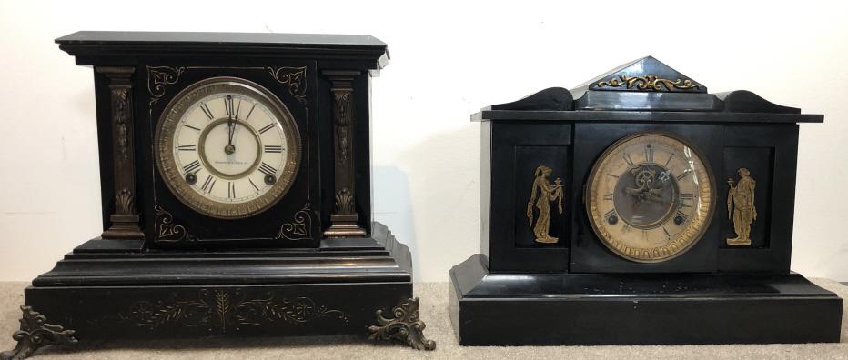 Ansonia Mantel Clocks Lot of 2: Ansonia mantel clocks, group of two.Victorian painted metal. ESTATE OF PHILIP GRECO JR. STERLING ASSOCIATES STRIVES TO PROVIDE ACCURATE, OBJECTIVE, & FAIR INFORMATION ON ALL LOTS. WE WILL BE HAPPY TO 