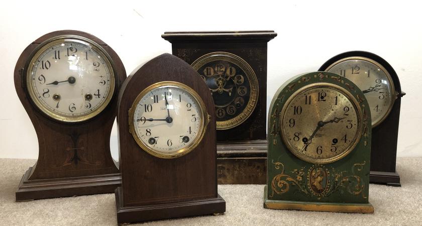 Ansonia and Seth Thomas Clocks Lot of 5: Ansonia mantel clocks, group of five. Victorian painted and inlaid wood. ESTATE OF PHILIP GRECO JR. STERLING ASSOCIATES STRIVES TO PROVIDE ACCURATE, OBJECTIVE, & FAIR INFORMATION ON ALL LOTS. WE WILL 