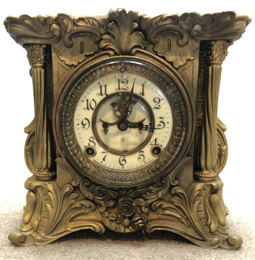 Ansonia Art Nouveau Mantel Clock: Ansonia Art Nouveau shelf clock. Victorian painted metal. ESTATE OF PHILIP GRECO JR. STERLING ASSOCIATES STRIVES TO PROVIDE ACCURATE, OBJECTIVE, & FAIR INFORMATION ON ALL LOTS. WE WILL BE HAPPY TO ANS