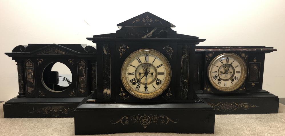 Ansonia Marble Mantel Clocks Lot of 3: Ansonia mantel clocks, group of three Victorian slate and marble. ESTATE OF PHILIP GRECO JR. .STERLING ASSOCIATES STRIVES TO PROVIDE ACCURATE, OBJECTIVE, & FAIR INFORMATION ON ALL LOTS. WE WILL BE HAP